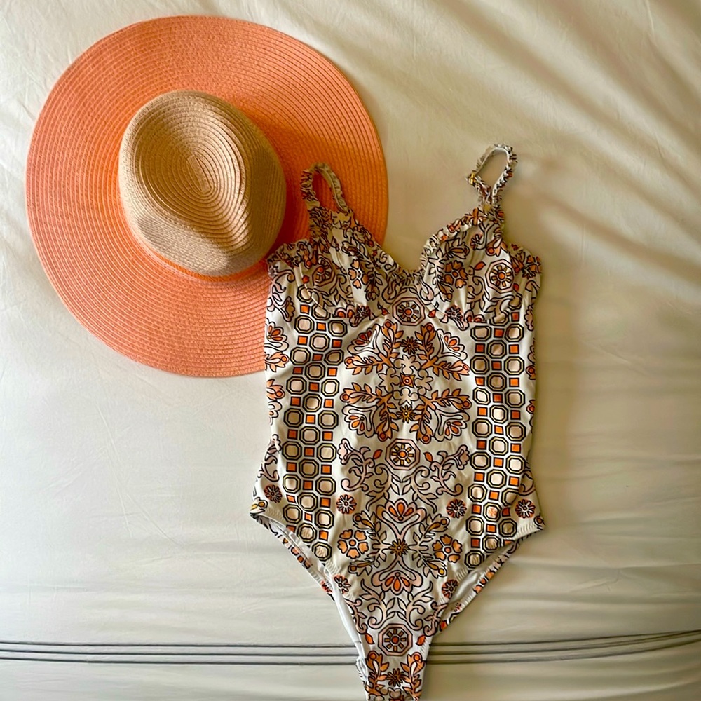 Tory Burch Swim peach tan and white one piece with underwire bra top